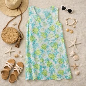 J. Jill Blue/ Green Linen Undersea Sleeveless Shift Summery Dress. Ladies MED
